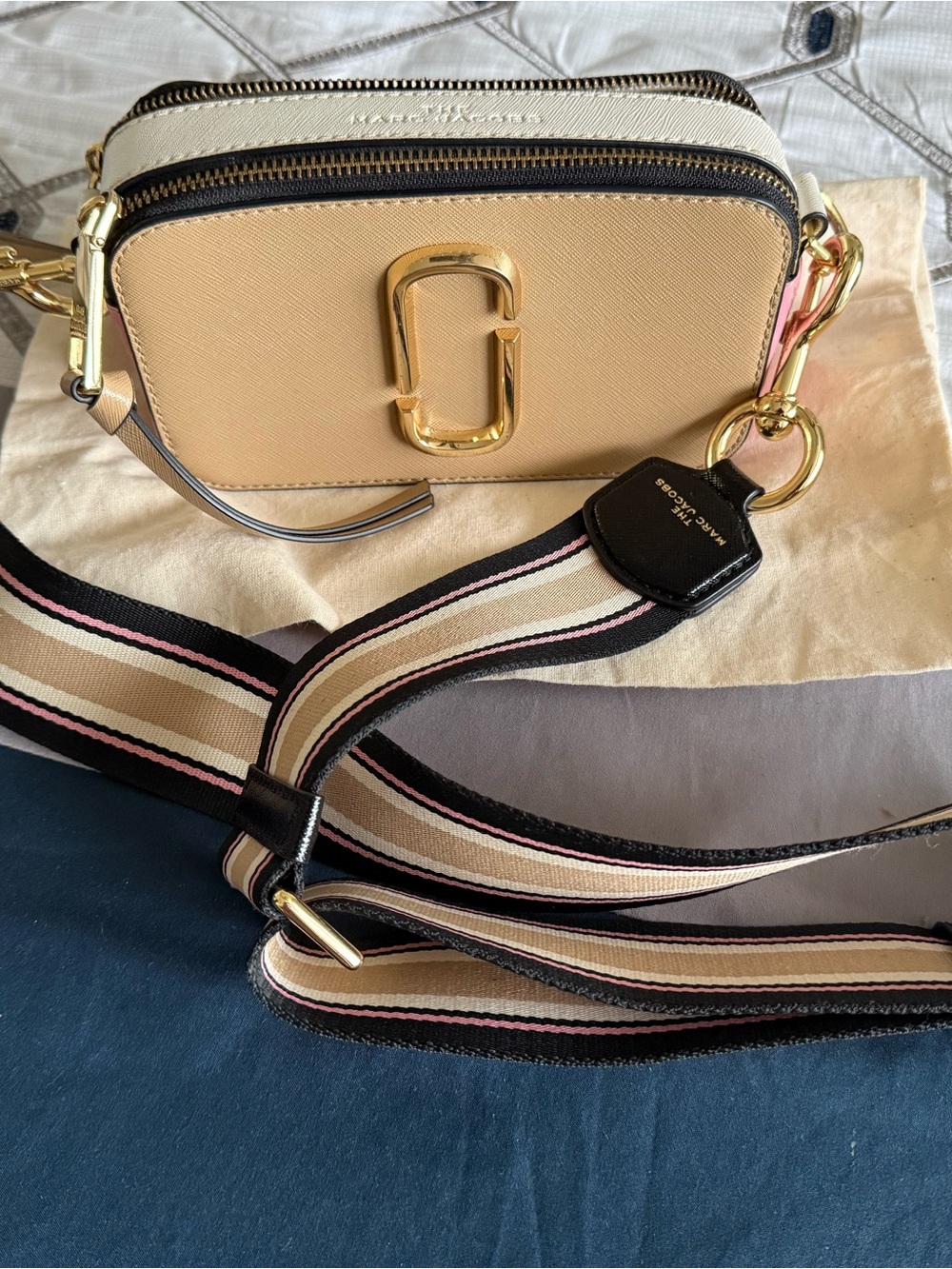 Marc Jacobs Two-Tone Beige and Cream Snapshot Crossbody with Striped Strap